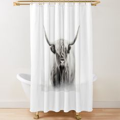 an animal with long horns shower curtain