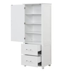 a tall white cabinet with two drawers and one door open to reveal the bottom drawer