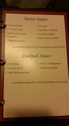 a recipe book with instructions for cocktail sauce