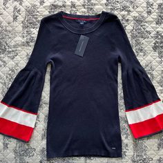 Gorgeous Navy Ribbed Scoop Neck Tommy Hilfiger Sweater With Red And White Accented Bell Sleeves. It’s New-With-Tags And In Pristine Condition. This Will Fit A Teenager As Well As A Traditional Woman’s Size Small. Traditional Woman, Scoop Neck Sweater, Tommy Hilfiger Sweater, White Accents, Neck Sweater, Bell Sleeves, Scoop Neck, Red And White, Tommy Hilfiger