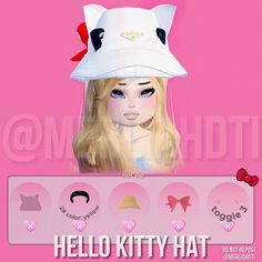 the hello kitty hat is on display in front of a pink background with hearts and bows