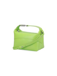 Eéra 'Moon' handbag, green leather, one top handle, removable adjustable shoulder strap, silver logo hook detail, zipper closure, one main interior compartment. Composition: 100% Leather Designer Green Bag With Handle Drop, Modern Shoulder Bag With Silver-tone Hardware And Top Handle, Modern Green Handheld Bag, Modern Green Handheld Bags, Luxury Green Handheld Box Bag, Designer Green Satchel With Detachable Handle, Green Shoulder Bag With Palladium Hardware, Green Modern Satchel With Detachable Handle, Designer Green Shoulder Bag With Handles