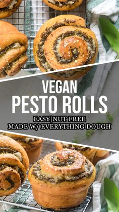 vegan pesto rolls on a cooling rack with text overlay that reads, vegan pesto rolls easy and nourishing dough