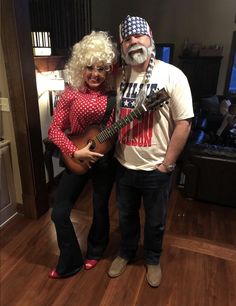 the man and woman are dressed up as country music stars, one is holding a guitar