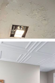 before and after pictures of a bathroom with white paint on the ceiling, and in the middle there is a hole in the wall that appears to be missing