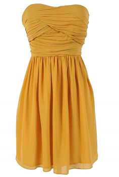 "strapless, chiffon, pleats, marigold." I must have costumes and fairy tales on the brain, because I'm looking at this and seeing a modern-day, less formal version of Belle's ball-gown. ... *headdesk* lol. My Inner Child so wants to be a Disney Princess... Yellow Dress Short, Mustard Yellow Dress, Chiffon Wrap, Pleated Chiffon, Lace Dresses, Dresses Party, Up Girl, Yellow Dress