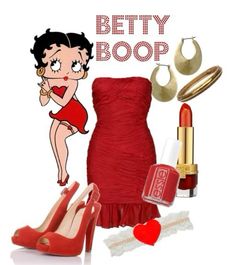 a woman in red dress and high heels next to lipstick, bracelets and ring