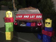 a car that has been decorated with legos and let god know it's mine