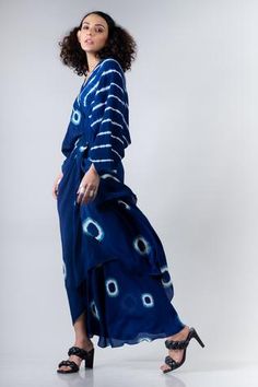 Shop for Nupur Kanoi Blue Crepe Printed Wrap Dress for Women Online at Aza Fashions Nupur Kanoi, Kaftan Blouse, Dhoti Saree, Blue Wrap Dress, Shibori Print, Blouse For Women, Printed Wrap Dresses, Blouse Online, Printed Sarees