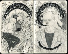 an open book with black and white drawings on it's pages, depicting two women