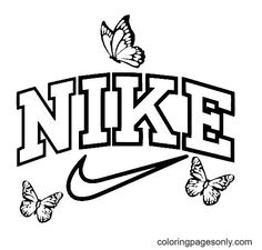 the nike logo with butterflies flying around it and the word's name is black and white