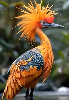 a bird with orange and blue feathers on it's head standing in front of trees