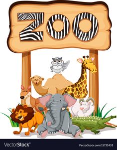 zoo sign with animals and birds on a white background