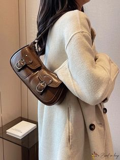 BirdinBag - Stylish Buckle Accented Baguette Handbag Color Coffee, Baguette Bag, Coffee Brown, Bag Bag, Baguette, Pu Leather, Buckle, Lingerie, Size Medium