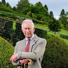 an older man wearing a suit and tie standing in front of bushes with his arms crossed