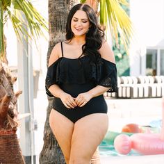 Shine bright like the sunlight! This chic black swimsuit has a solid color you can wear with your favorite cover-ups and sandals! It's comfortable for all-day wear, has a figure-flattering one-piece design, and features the cutest ruffled off-the-shoulder design! You will want to wear this swimsuit all season long! Chic Swimsuit, Swimsuit Black, Model Fits, Shoulder Design, Black Swimsuit, Shine Bright, The Cutest, Classic Black, Black Color