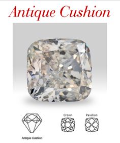 an image of a cushion cut diamond with the names and description below it in red