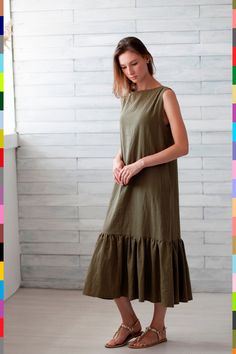 SUPER SALE -50%. Limited quantity. Handmade just for you in 2-5 days. ----------------------------------------------------------- Linen dress from linocolore. 100% pure Italian linen. One of the finest linen in the world. Rich silky velvet feeling. Extra soft with natural wrinkles. Double stonewashed (before and after the order is made). Medium weight. OEKO TEX 100 certified.  This item color is Khaki Other available colors are (see color chart in photos): - White - Black - Natural - Gray Dark - Blue Light - Purple Light - Lemon - Terracotta - Khaki - Blue Dark - Green - Brown Light - Red - Pink Light - Blue - Pink - Sand - Gray - Gray Light - Aquamarine - Violet - Gold - Salmon - Chocolate Available sizes (see size chart in photos): XXS, XS, S, M, L, XL, XXL. Other sizes or made-to-measur Formal Linen Dress, Linen Loose Dress, Dress Linen, Loose Dress, Casual Dinner Outfit, Smock Dress, Linen Dresses, Pure Linen, Dress Sleeveless