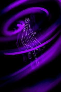 a drawing of a woman wearing a long dress and standing in front of purple swirls