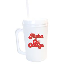 a white cup with a straw in it and the words aloha chi omega on it