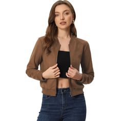 The soft faux suede fabric and two slant pockets provide you with a comfortable experience while keeping you warm all the time. The stand collar and zip-up design make you look cool and gentle at the same time, adding a feminine feel to your winter look. Perfectly pair it with basic shirts, skinny jeans, and high-heeled boots in casual styles. A versatile piece of outerwear for many sorts of occasions. Suede Leather Jacket With Zipper For Fall, Fall Suede Leather Jacket With Zipper, Fall Suede Leather Jacket With Zipper Closure, Casual Outerwear With Suede Overlays For Work, Casual Suede Overlay Outerwear For Work, Casual Suede Overlay Long Sleeve Outerwear, Casual Suede Outerwear With Zipper Closure, Suede Outerwear With Zipper Closure, Suede Outerwear With Zipper Closure And Long Sleeves