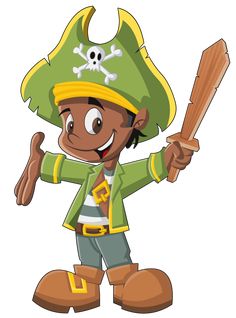 a little boy dressed as a pirate holding a wooden bat and wearing a green hat