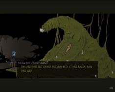 an animated video game showing a monster and a man standing in front of a giant creature