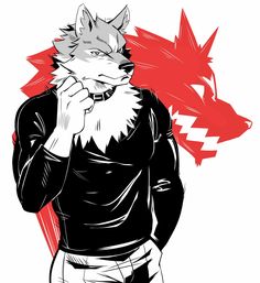 a drawing of a wolf wearing a black shirt and white pants with red lightnings in the background