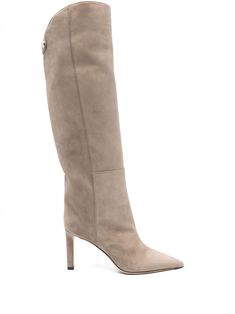 taupe calf suede panelled design slip-on style gold-tone logo plaque strap detailing pointed toe branded leather insole 85mm high heel leather and rubber outsole knee-high Jimmy Choo Boots, Beige Boots, Chanel 2, Iconic Bags, Flat Boots, Exclusive Fashion, Ballet Flat Shoes, Pump Sandals, Lady Dior