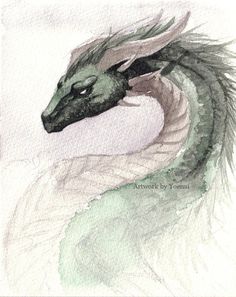 a watercolor drawing of a green dragon with long, feathery tail and eyes