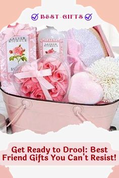 a pink gift basket filled with lots of pretty flowers and personal care products for someone special