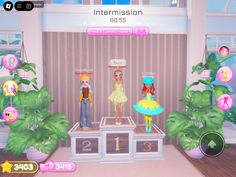 an animated fashion show with two mannequins on the stage and plants in the background