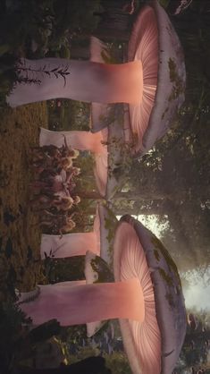 two large mushrooms sitting on top of a lush green forest covered in pink and white flowers