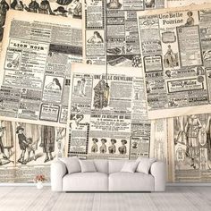 an old newspaper wallpaper mural in a living room