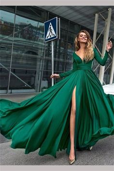 Green Satin Prom Dress, Dark Green Prom Dress, Green Prom, Long Sleeve Prom, Backless Prom Dresses, A Line Prom Dresses, Emerald City, Green Prom Dress, Satin Prom Dress