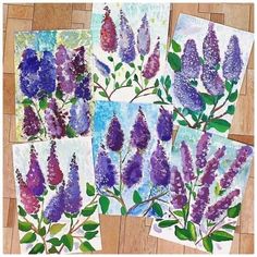 four different pictures of purple flowers on paper