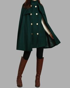 * A cool and long wool cape coat with hood, very elegant.* With double row gold color buttons and two pockets, fully lined.* If you want black buttons, please let us know, thanks.* Stand up collar, more warmer.* Material: out shell - 50% wool, 50% polyester; lining - 100% polyester* Care: dry cleanable* Shop sizing chart FYI ( made according to US sizing. actual body figures, not laying flat clothes measurements)Size XS (US 2, UK 6, German 32, French 34, )Bust: fits bust around 33.5 inches/85cmW Cape With Arm Holes, Cape Coat Outfit, Coat With Cape, Vintage Cape Coat, Capelet Coat, Winter Cape Coat, High Neck Coat, Mantel Cape, Wool Cloak