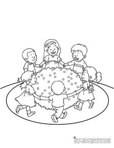 the three children are holding hands in front of a christmas tree coloring pages for kids