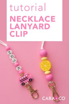 a pink and yellow keychain with the words, how to make a name necklace clip