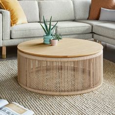 a wicker coffee table with a potted plant on top in front of a couch