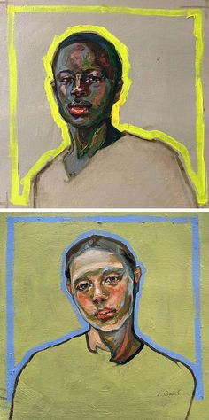 two paintings with different colored lines on them