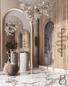 an elegant foyer with chandelier and marble flooring is featured in this rendering