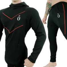 Material: Cotton polyester Gender: Men Collar: Hooded Fit: Fits true to size, take your normal size Closure Type: Pullover Black Hooded Tracksuit For Gym, Winter Workout Cotton Tracksuit, Black Stretch Hooded Tracksuit, Red Cotton Tracksuit For Winter, Red Long Sleeve Tracksuit For Loungewear, Cotton Hooded Tracksuit For Workout, Red Sportswear Hoodie For Loungewear, Black Winter Tracksuit For Workout, Black Long Sleeve Tracksuit With Pockets