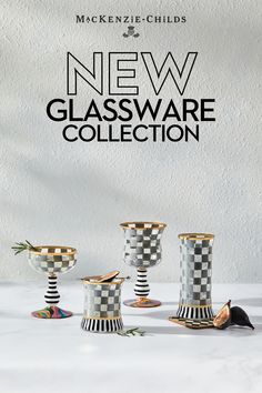 the new glassware collection is available in three different styles and colors, including checkerboard