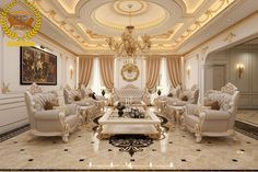 an elegant living room with chandelier, couches and chairs in white and gold colors