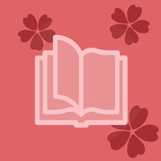 an open book sitting on top of a pink background with flowers around it and the words,