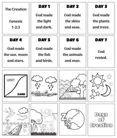 the days of creation worksheet for kids with pictures and words to color on