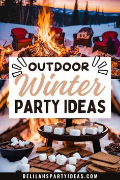 an outdoor winter party with marshmallows and fire