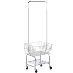 a white wire basket on wheels with a metal handle and two handles for the bottom