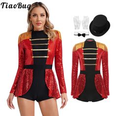 a woman wearing a red jacket and black top with gold trimmings on it